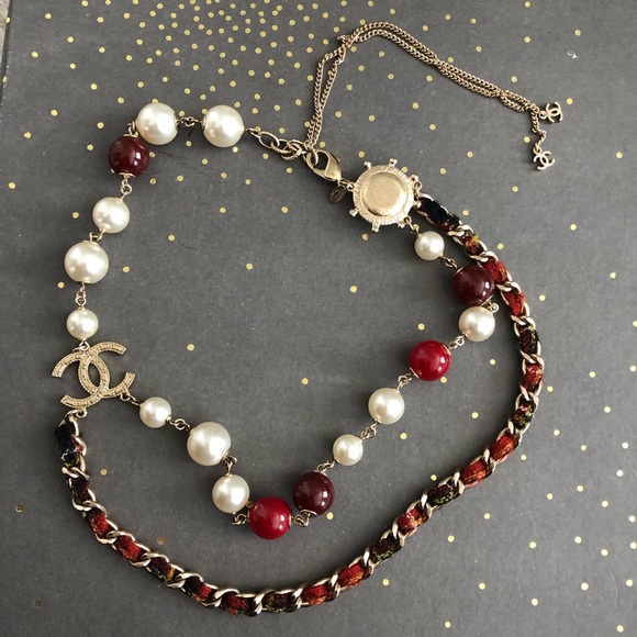Auth Chanel necklace with pearls red beads and tweed - Picture 6 of 13
